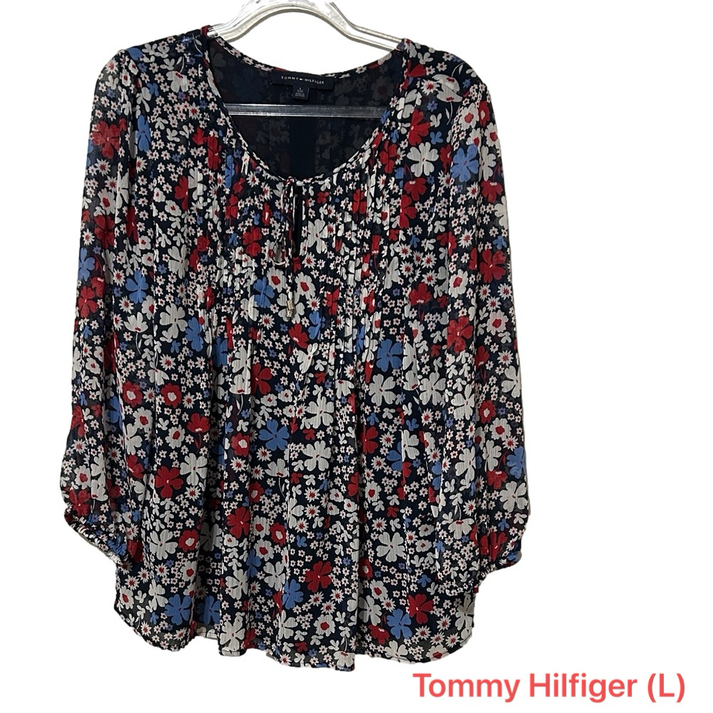 🚂Tommy Hilfiger Floral Blouse - Black, Red, Blue, White size L GUC